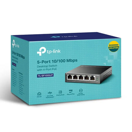 Rear ports layout of TP-Link TL-SF1005LP 5-port ethernet desktop switch.