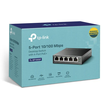 Close-up of the rear network ports layout on the TP-Link TL-SF1005P 5-port ethernet switch.