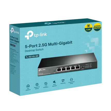 TP-Link TL-SG105-M2 2.5 Gigabit unmanaged switch designed for lag-free gaming, 4K streaming, and fast NAS data transfers.