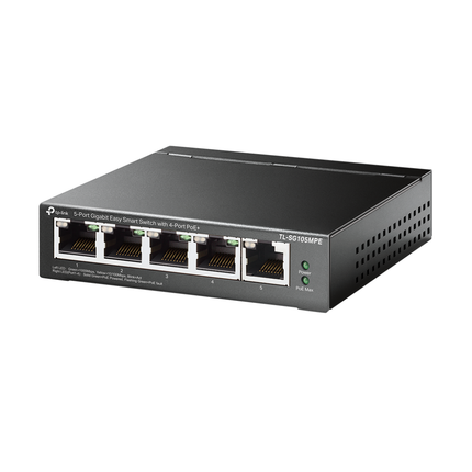 TP-Link TL-SG105MPE easy smart switch featuring a 5-port gigabit layout with 4-port PoE+.