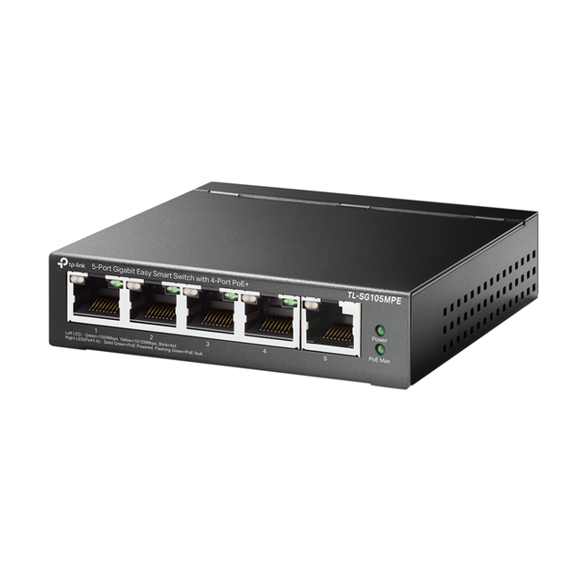 TP-Link TL-SG105MPE easy smart switch featuring a 5-port gigabit layout with 4-port PoE+.
