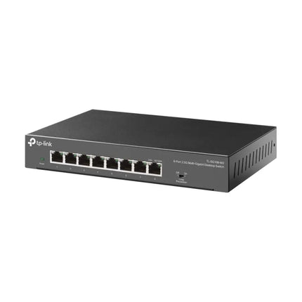 Angled shot of the TP-Link TL-SG108-M2 multi-gigabit switch highlighting the link and activity LED indicators for 2.5G speeds.