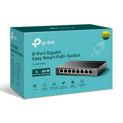 Angled profile view of the compact, fanless metal chassis of the TP-Link TL-SG108PE smart switch.