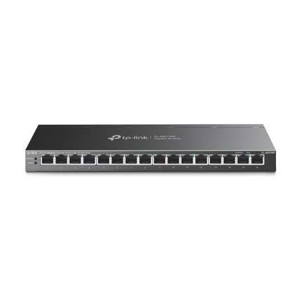 Close-up front view of the TP-Link TL-SG116P switch with Ethernet cables plugged into the 16 PoE+ ports, showing active status LED indicators.