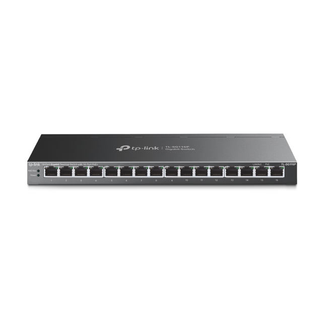 Close-up front view of the TP-Link TL-SG116P switch with Ethernet cables plugged into the 16 PoE+ ports, showing active status LED indicators.