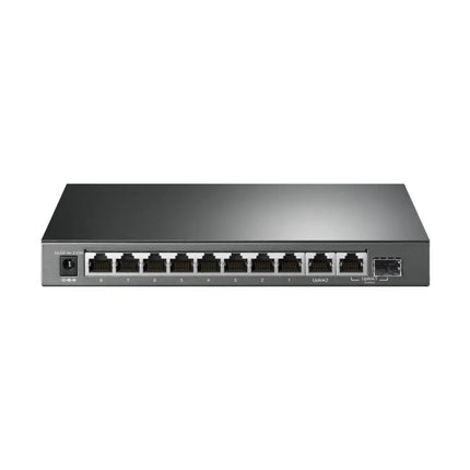 Rear view of the durable metal housing on the TP-Link TL-SG1210MP 10-port ethernet switch.