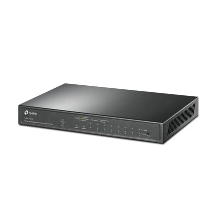 Front panel close-up of TL-SG1210MPE switch highlighting eight Gigabit PoE plus ports and two non-PoE uplink ports.