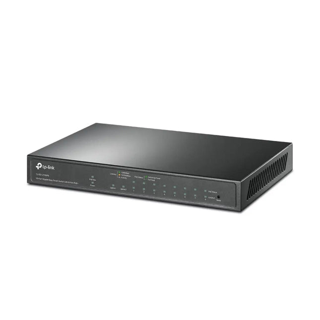 Front panel close-up of TL-SG1210MPE switch highlighting eight Gigabit PoE plus ports and two non-PoE uplink ports.