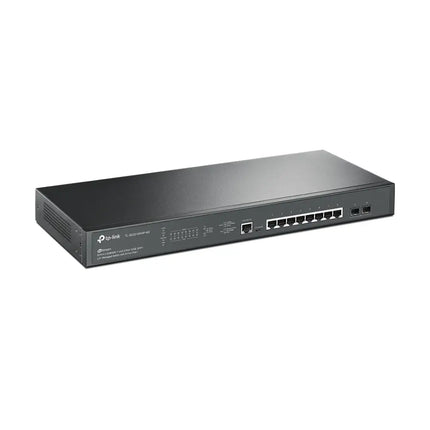 Hardware details of the TP-Link TL-SG3210XHP-M2 switch highlighting the 8 PoE+ ports and dual 10G SFP+ uplink slots.