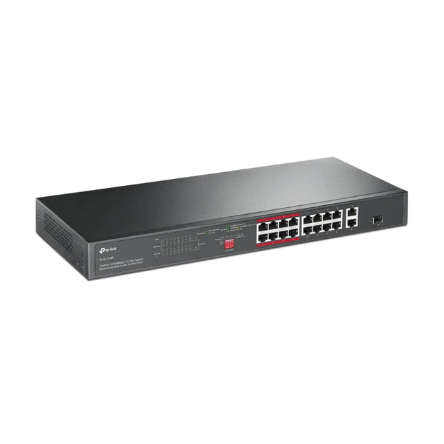 An infographic detailing the TL-SL1218P "Extend Mode," which allows for up to 250 meters of data and power transmission for IP camera surveillance.