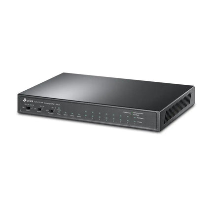Front panel detail of the TP-Link TL-SL1311MP switch highlighting 8 PoE+ ports and 3 Gigabit uplink slots for high-speed routing.