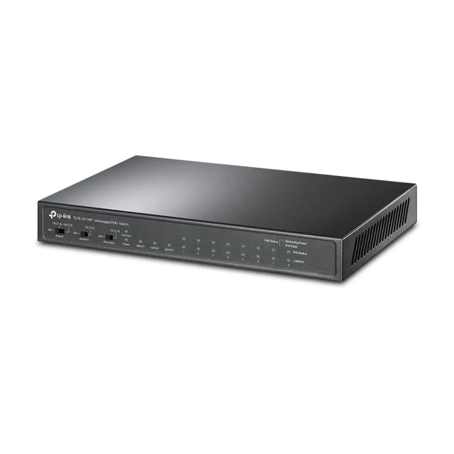 Front panel detail of the TP-Link TL-SL1311MP switch highlighting 8 PoE+ ports and 3 Gigabit uplink slots for high-speed routing.