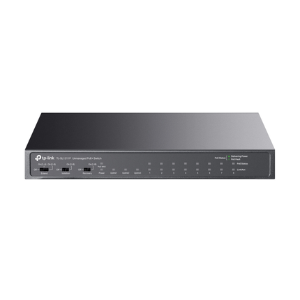 Angled view of the compact, fanless TP-Link TL-SL1311P unmanaged desktop switch, highlighting its silent operation design.