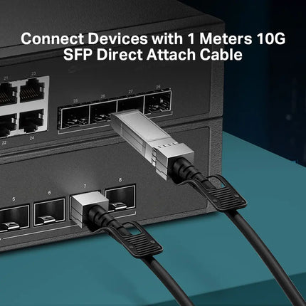 Side profile of the durable, thick passive copper twinax cabling on the TP-Link SM5220-1M 10G DAC.