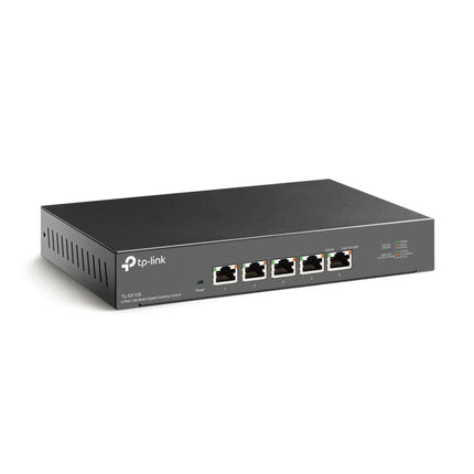An infographic-style image illustrating the TL-SX105 providing lightning-fast 10G connections to a NAS, server, and gaming PC, highlighting its 100 Gbps switching capacity.