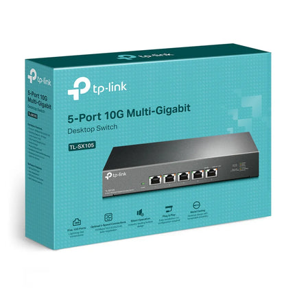 The TL-SX105 10G switch showing its compact form factor with rubber feet for desktop placement and built-in slots for secure wall-mounting in home offices or workstations.