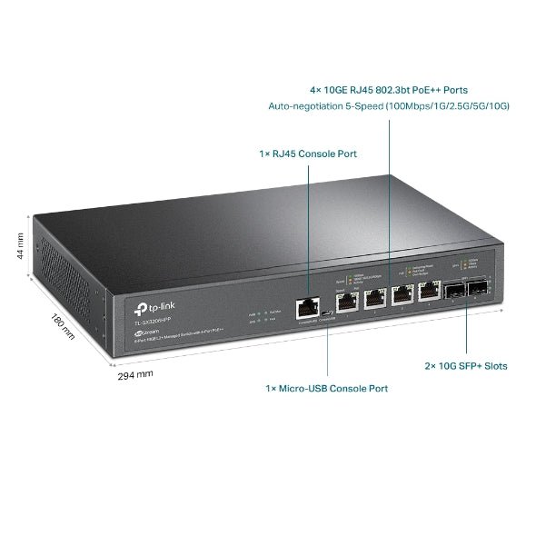 TP - Link JetStream 6 - Port 10GE L2+ Managed Switch with 4 - Port PoE++ - TL - SX3206HPP - CCTV Guru