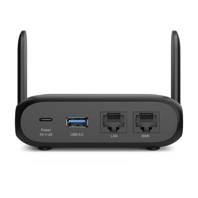Rear view of the TP-Link TL-WR1512X travel router highlighting the Gigabit WAN and LAN ports, USB port, and Type-C power input.