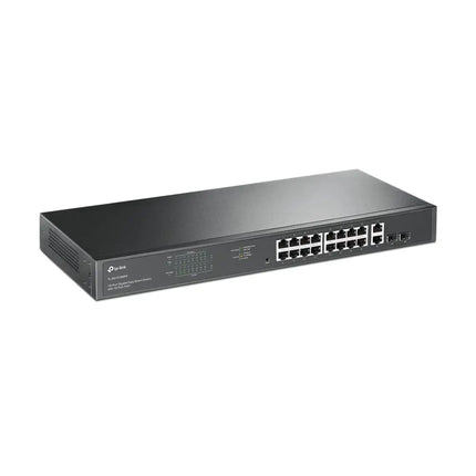 Front panel close-up of TP-Link TL-SG1218MPE switch showcasing the 16 gigabit PoE+ ports and 2 SFP slots.