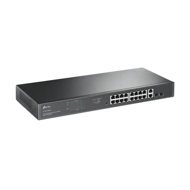 Front panel close-up of TP-Link TL-SG1218MPE switch showcasing the 16 gigabit PoE+ ports and 2 SFP slots.