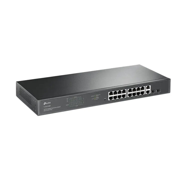 Front panel close-up of the TP-Link TL-SG1218MP switch highlighting the 16 PoE+ ports and 2 gigabit non-PoE slots.