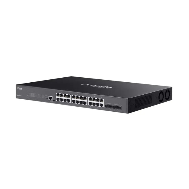 Front panel close-up of the TP-Link SG3428XMP switch, highlighting the 24 gigabit PoE+ ports and 4 10GE SFP+ uplink slots.