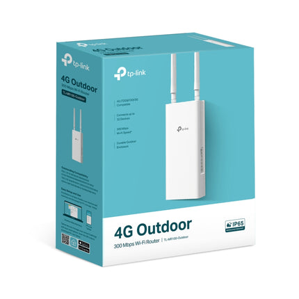 The compact white TP-Link TL-MR100-Outdoor 4G LTE router mounted to an outdoor pole providing long-range wireless signal.