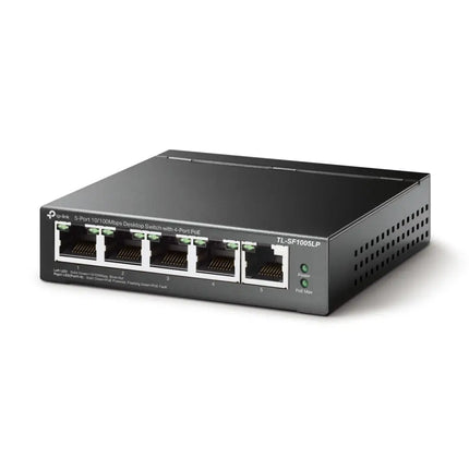 Front view of TP-Link TL-SF1005LP desktop switch highlighting the 4 PoE ports and power LED indicators.