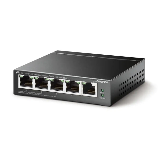 Front view of TP-Link TL-SF1005LP desktop switch highlighting the 4 PoE ports and power LED indicators.