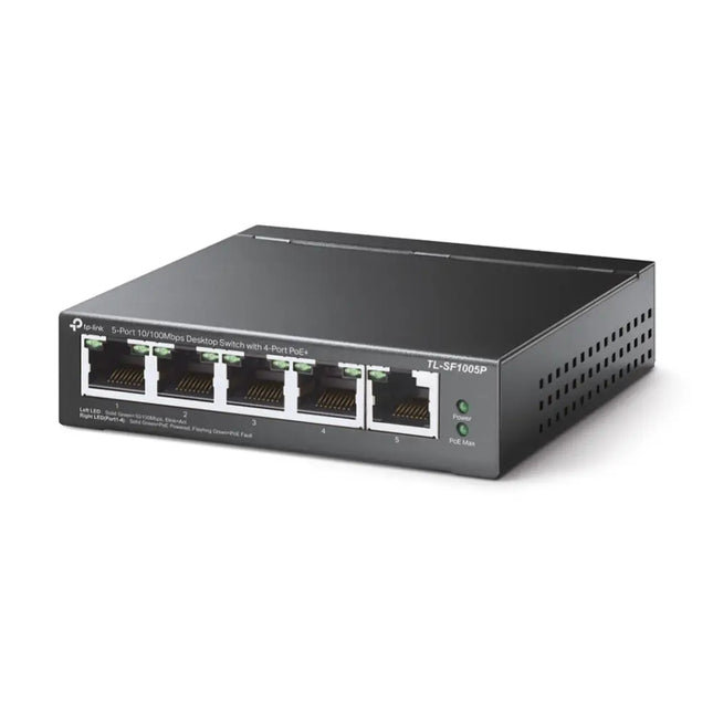 Front view of TP-Link TL-SF1005P desktop switch highlighting the 4 PoE ports and status indicator lights.