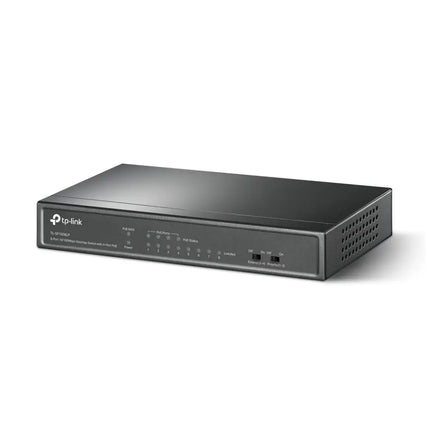 Front panel close-up of the TP-Link TL-SF1008LP switch, highlighting the 4 designated PoE ports and 4 standard Ethernet ports.