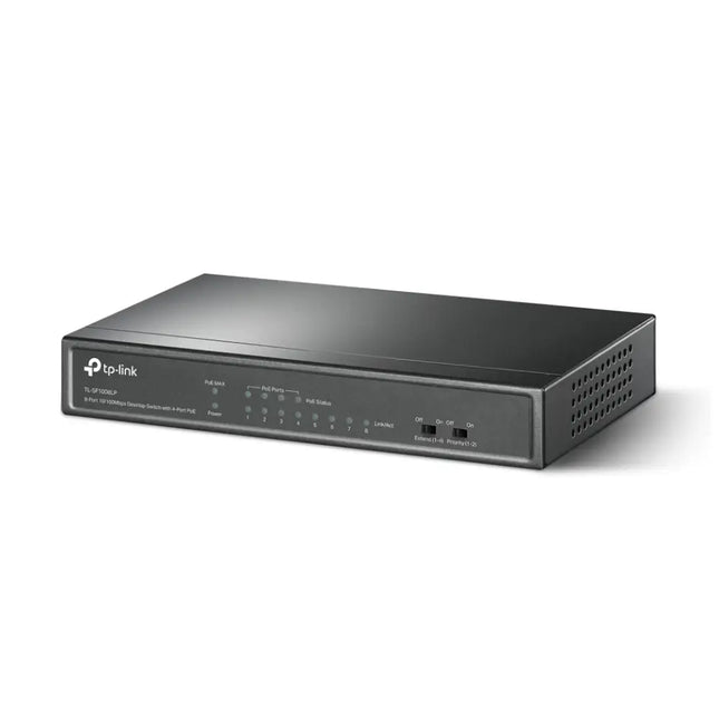 Front panel close-up of the TP-Link TL-SF1008LP switch, highlighting the 4 designated PoE ports and 4 standard Ethernet ports.