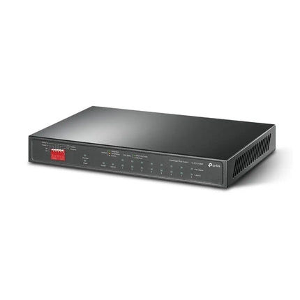 Front panel of TP-Link TL-SG1210MP switch highlighting the 8 PoE+ ports and dedicated uplink connections.