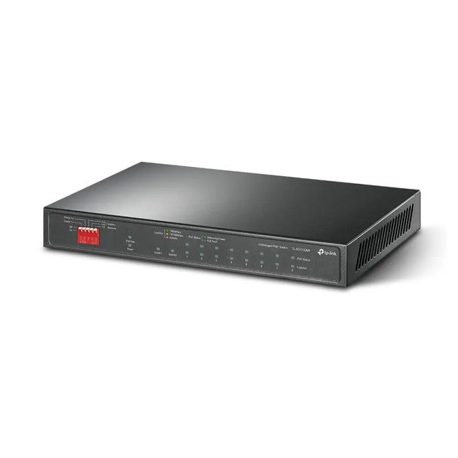 Front panel of TP-Link TL-SG1210MP switch highlighting the 8 PoE+ ports and dedicated uplink connections.