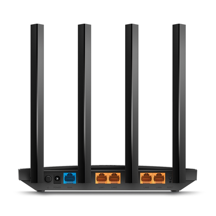 Rear view of the TP-Link Archer A6 router, showcasing its full gigabit WAN and LAN ports for high-speed wired connections.