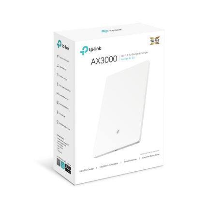 The sleek Archer Air E5 Wi-Fi 6 booster mounted seamlessly to a clean white living room wall, blending imperceptibly into home decor.