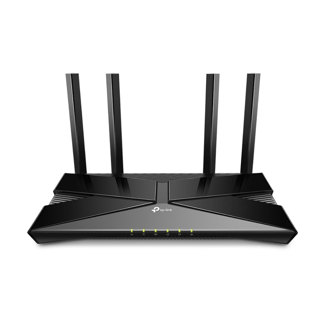 Angled top view of the black TP-Link Archer AX1500 Wi-Fi 6 router, showcasing its sharp geometric design, ventilation grilles, and four high-performance antennas
