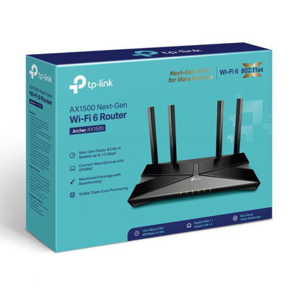 A mobile phone screen demonstrating the TP-Link Tether app user interface used for configuring parental controls, network security settings, and guest Wi-Fi on the Archer AX1500.