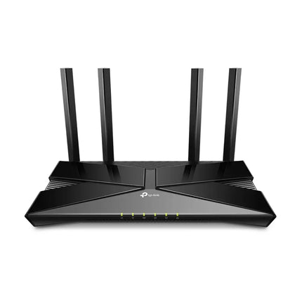 TP-Link Archer AX1800 Dual-Band Wi-Fi 6 Router with four high-gain external antennas, sleek black finish.
