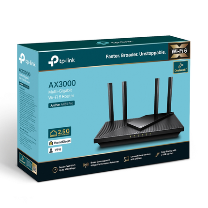 Front view of the TP-Link Archer AX55 Pro AX3000 multi-gigabit Wi-Fi 6 router.