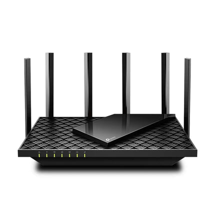 Front view of the TP-Link Archer AX72 Wi-Fi 6 router in black, featuring its unique scaled armor cooling design and six high-performance external antennas for broad coverage.