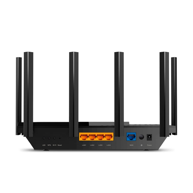 Rear view panel of TP-Link Archer AX72 showing the power button, 1x Gigabit WAN port, 4x Gigabit LAN ports, and physical Wi-Fi On/Off buttons.