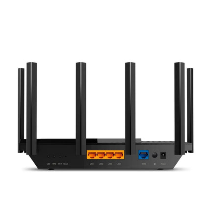 Rear view of the Archer AX72 router showcasing the 1× Gigabit WAN port, 4× Gigabit LAN ports, and the side-mounted USB 3.0 port for high-speed media sharing.