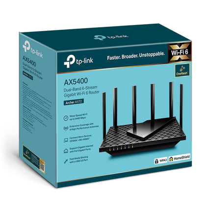 Front view of the TP-Link Archer AX72 retail box displaying key performance specifications including 5400 Mbps speed, HomeShield security, and OneMesh support.