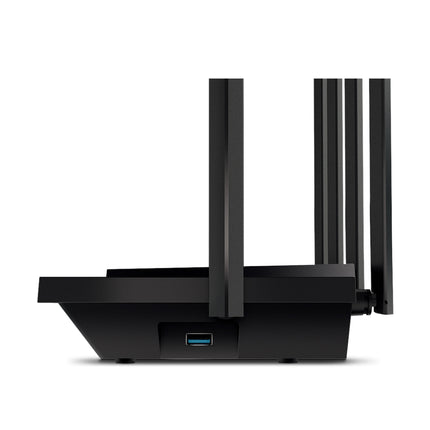 Side view of the TP-Link Archer AX5400 router highlighting the high-speed USB 3.0 port used for media sharing and private cloud storage setup.