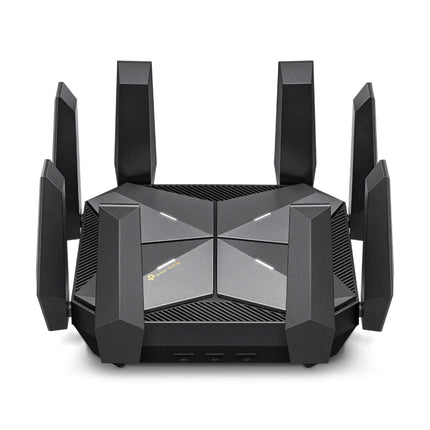 TP-Link Archer AXE300 quad-band Wi-Fi 6E router featuring a futuristic black design with eight high-performance external antennas.