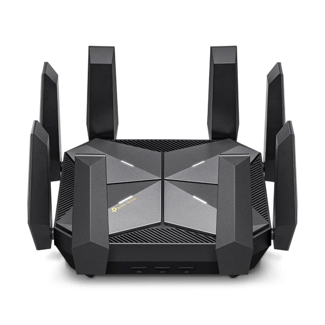 TP-Link Archer AXE300 quad-band Wi-Fi 6E router featuring a futuristic black design with eight high-performance external antennas.