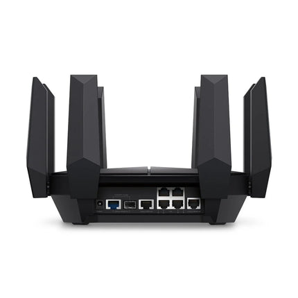 Rear connectivity view of the TP-Link Archer AXE300 showing dual 10G WAN/LAN ports, 2.5G ports, and multiple Gigabit LAN ports for ultra-fast wired networking.