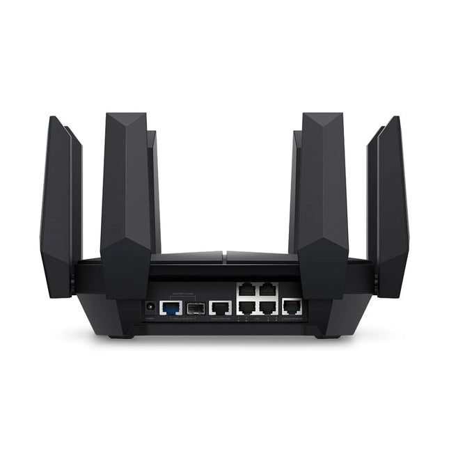 Rear connectivity view of the TP-Link Archer AXE300 showing dual 10G WAN/LAN ports, 2.5G ports, and multiple Gigabit LAN ports for ultra-fast wired networking.