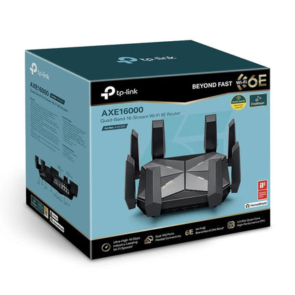 The TP-Link Archer AXE300 router styled in a modern home office environment, delivering high-speed, low-latency 6GHz band connectivity for smart devices.